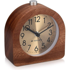 Navaris Analogue Wooden Alarm Clock with Snooze – Retro Clock Round with Clock Face in Gold Alarm Light – Silent Table Clock without Ticking – Natural Wood in Dark Brown