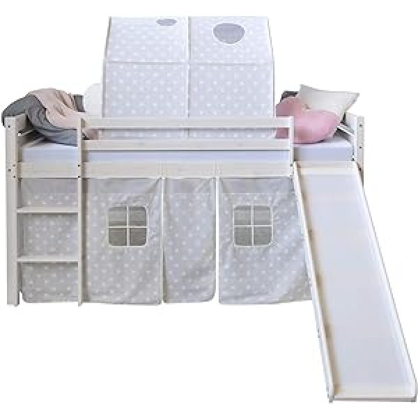 Homestyle4u 1885 Children's Bunk Bed 90 x 200 cm White with Slide Ladder Tunnel Stars Curtain Wood Pine