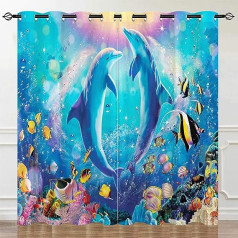YUANZU Ocean Curtains Tropical Fish Coral Dolphin Underwater Sea World Art Pattern Microfiber Blackout Fabric Eyelet 46
