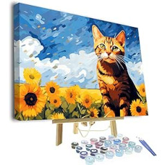 DIY Paint by Numbers Adults Beginners Cat and Sunflowers Adults Paint by Numbers Kits on Canvas with Brushes Acrylic Painting Crafts 40 x 50 cm (Frame)