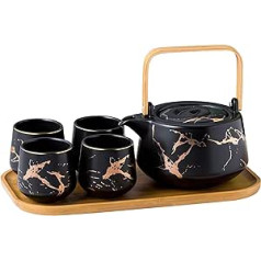 KKGUD Japanese Style Ceramic Tea Set Elegant Teapot and 4 Tea Cups with Wooden Tray for Afternoon Tea Home Decor Restaurant Tea Party Marble Pattern (Black)