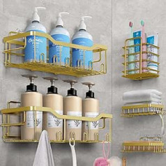 Laimew Shower Shelf, No Drilling, Pack of 5 Bathroom Organiser, Shower Shelf, No Drilling, Bathroom Organiser, Bathroom Shelf, Golden Made of SUS304 Stainless Steel, Bathroom Shelf, Shower Basket, Shampoo