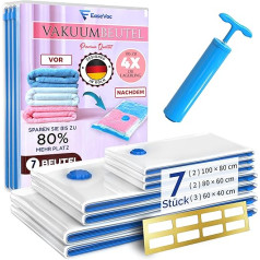 Easevac Premium A+ Vacuum Bags for Clothes (Pack of 7) in Sizes (2 XL, 2 L, 3S) - Vacuum Bags for Duvets - Tear-Resistant & with Airtight Seal, 8 Label Stickers & Hand Pump