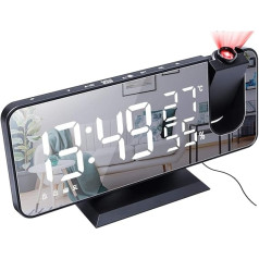 Dollatek Radio Projection Alarm Clock LED Large Screen Display Temperature and Humidity Electronic Clock for Bedroom Kitchen Gift - Black Shell White Digital