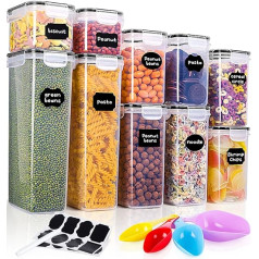 Storage Jars Set of 10 Cereal Storage Containers (2 x 0.8 L + 2 x 1.4 L + 2 x 1.6 L + 2 x 2 L + 2 x 2.8 L) Plastic Storage Containers Airtight Storage Jars with Lids with Labels Measuring Spoon for