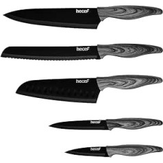 hecef Knife Set, Non-Stick Black Kitchen Knife Set with PP Handle and Protective Covers, 5-Piece Sharp Chef's Knife Set Made of Stainless Steel, Scratch-Resistant and Rustproof (Wood Grain)