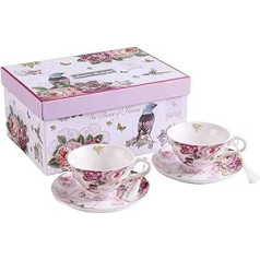 London Boutique Shabby Chic Vintage Porcelain Floral Tea Cups and Saucers, Set of 2 in Gift Box, Porcelain, 11x8cm