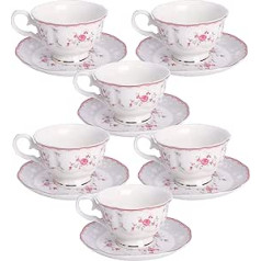 fanquare Pink Rose Flower Set of 6 Tea Cups and Saucers, British Vintage Afternoon Cup Set, Porcelain Coffee Cup with Gold Rim, 150ml