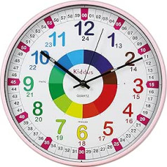 Kiddus Children's Wall Clock Analogue Time Teacher with Time Learning Exercises Silent Clock Many Languages Italian XL Pink