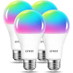 LVWIT E27 WiFi Alexa Bluetooth Bulbs RGBCW, 12 W Replaces 100 W, 1521 lm, WiFi Smart Bulb A70, Compatible with Alexa, Echo and Google Assistant, Dimmable via Tuya App (Pack of 4)