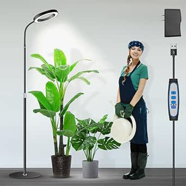 Garpsen Grow Lights für Indoor-Pflanzen, Vollspektrum-LED-Boden-Pflanzenlampe mit Standfuß, 3-Farben-Pflanzenlicht mit Timer 6/12/16H, 5 dimmbare Stufen, 23~67''einstellbare Höhe für große Pflanzen