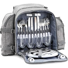 CampFeuer Picnic Backpack for 4 People, Picnic Set, 32 Pieces, Grey, with Bottle Holder, Picnic Blanket, Large Cooler Compartment, Crockery and Cutlery