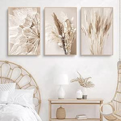 Sarah Duke Beige Wall Pictures, Set of 3, Modern Wall Pictures, Boho Pampas Grass Picture, Living Room Poster, Nature, Vintage Canvas Pictures, Wall Poster Without Frame (Style A, 50 x 70 cm)
