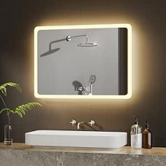 BD-Baode LED Wall Mirror 60 x 80 cm Bathroom Mirror with Lighting 3 Types of Light 3000-6500K Rectangular Bathroom Mirror with Clock and Touch Switch