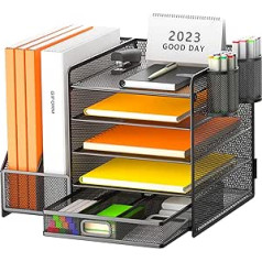 Restorgan Desk Organiser with File Holder, 5-Tier Paper Organiser with Drawer and 2 Pen Holders, Mesh Desk File Organiser with Magazine Holder