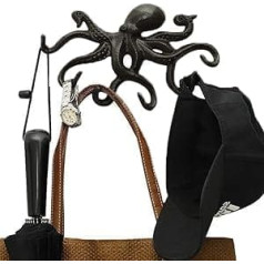 Rustic Coat Hooks, Cast Iron Vintage Wall Hooks, Cast Iron Octopus Wall Hook, Wall Hook Vintage with Screws and Rubber Stoppers, Octopus Wall Hook, Black with 6 Tentacles