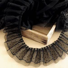 5Yard Lace Trim 2-Ply Pleated Organza Lace Trim 10cm Wide Inelastic Lace for Wedding Appliques, Clothing, Sewing, Crafts, DIY Decor (Black, Polka Dot)