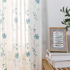Sheer Curtains Blue 45 Inch Embroidered Floral Rod Pocket Voile Curtains for Living Room Bedroom Window Treatments Semi Crinkle Curtains for Yard Set of 2, 52x45 inch