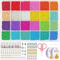 Eumspo Beads for Threading, 15000 Pieces 2 mm Small Beads Set, DIY Jewellery Bracelets Make Yourself for Children, Colourful Letters Smiley Mini Glass Beads Kit with Elastic Band, Gifts for Girls