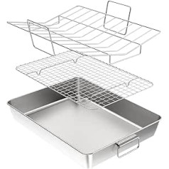 Yoassi 41 cm Super Large Grill and Casserole Dish with Grate and V-Shape Grate, Stainless Steel Rectangular Grill Tray Roasting Dish with Handles for Chicken, Robust & Healthy & Dishwasher Safe, Pack