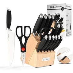 KATISUN Knife Set, Knife Block Set, 15 Pieces, Stainless Steel Chef's Knife Set with Wooden Block, Professional Kitchen Knife with Sharpening Steel, Sharp Blades, Black