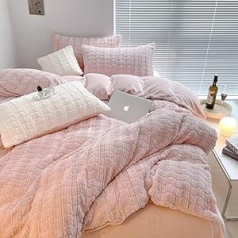 Menkala Warm Bed Linen 200 x 200 cm Pink Girls Winter Fluffy Plush Cashmere Touch Duvet Cover Checked Plain Coral Fleece Flannel Reversible Bedding Set 3-Piece Zip Pillowcases 80 x 80 cm