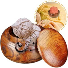 ATB-GIFT Wooden Yarn Bowl, Yarn Bowl with Lid, Wool Holder, Handmade Woven Thread Bowl for Knitting/Crocheting (16 x 7 cm)