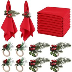 Kalolary 16 Piece Christmas Napkins and Rings Set, 8 Pieces Christmas Napkin Buckles, 8 Pieces Red Washable Christmas Napkins Fabric Red Berries Christmas Holidays Party Table Decoration