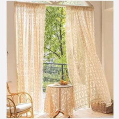 RunFar shop Boho Curtains, Vintage Country House Style, Crochet Curtains, Beige Curtains with Tassel, Cotton, Transparent Curtain for Kitchen, Living Room, Bedroom, W 150 x H 270 cm (Pack of 2)