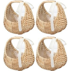 MODUDY Pack of 4 Flower Girl Baskets with White Ribbon, Rustic Wedding Basket, Crescent Wicker Basket, Wicker Rattan Basket, Handwoven Wicker Basket for Wedding Banquet, Party (White Ribbon)
