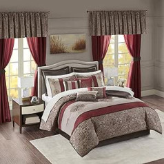 Madison Park Essentials 24-Piece Room In A Bag Comforter Set Satin Jacquard All Season Luxury Bedding, Sheets, Decorative Pillows and Curtains, Valance, Queen (90 x 90 inches), Delaney, Medallion Red