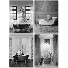 HMDKHI Black White Bathroom Pictures Bathroom Panda Animal in the Bath Picture Funny Wall Art Prints Canvas Poster Home Decor Minimalist Without Frame (20 x 30 cm x 4 Pieces)