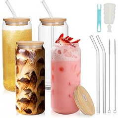 UHAPEER Cocktail Glasses Set of 4, Glass Cups with 4 Lids and Straw, Iced Coffee Glass Tin Shape 660 ml/22 oz, Beer Glasses Cocktail Glasses, Drinking Glasses for Beer, Soda, Matcha, Cold Tea
