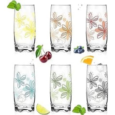 PLATINUX Drinking Glasses with Flower Print Set of 6 350 ml Water Glasses Juice Glasses with Beautiful Base Breakfast Glass Large