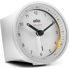 Braun BC07W-DCF Classic Analogue Radio Alarm Clock for Central European Time Zone (MET/GMT+1) with Snooze Function, Light, Silent Clockwork, and Crescendo Alarm, in White