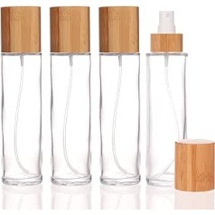 Cosidea Pack of 4 Empty 120 ml Bamboo Lid Clear Glass Spray Bottle with Fine Spray Head for Liquid Perfume Toiletries Container Toner Bottles