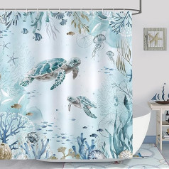 Bonhause Shower Curtain Sea Turtle Blue Ocean Beach Coast Shower Curtains 180 x 180 cm Anti-Mould Waterproof Polyester Fabric Washable Bathroom Curtain for Bathroom with 12 Hooks