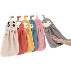 Xusxes Set of 6 Children's Hand Towels, Animal Motif, Absorbent Hanging Towel, Absorbent Quick-Drying Animal Motif Towel Set with Hanging Loops for Kitchens and Bathrooms