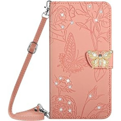 Vqwq Mobile Phone Case for Xiaomi Mi 13 5G - 1.5M Lanyard Glitter Butterfly Protective Case for Xiaomi Mi 13 5G Leather Case Card Slot Flip Flip Case Magnet [HT03]-Pink 1