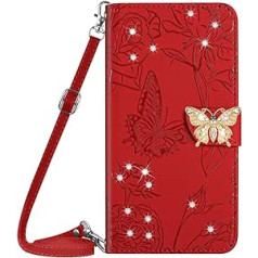 Vqwq Mobile Phone Case for Xiaomi Mi 13 5G - 1.5M Lanyard Glitter Butterfly Protective Case for Xiaomi Mi 13 5G Leather Case Card Slot Flip Flip Case Magnet [HT03]-Red 1