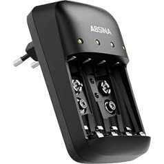 ABSINA Battery Charger AA AAA & 9V - NiMH Charger Battery Batteries 4-Way for Rechargeable Batteries - Battery Charger for AAA, AA & 9V Block - Battery Charger