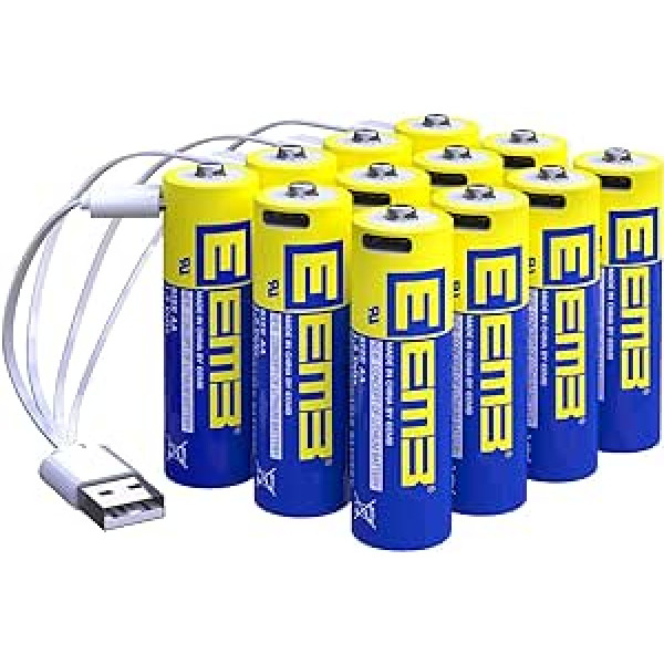 EEMB Pack of 12 USB-C AA Batteries Lithium Rechargeable 1.5 V 2600 mWh Rechargeable AA Batteries with 4-in-1 USB-C Charging Cable 1.5 Hours Quick Charge