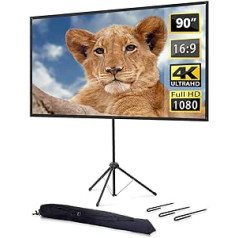 Projector Screen with Tripod, Portable Projector Screen 90 Inches, 16:9, 4K HD Projection Screen, Lightweight and Compact, Carry, Ideal for Home Cinema, Indoor/Outdoor Films