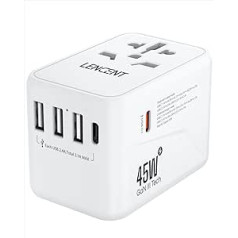 LENCENT Universal Travel Adapter, GaN III 45W International Charger with 3 USB & 2 USB-C PD Quick Charge Ports, Worldwide Charging Adapter for Type A/C/G/I, USA/UK/EU/AUS Sockets, White