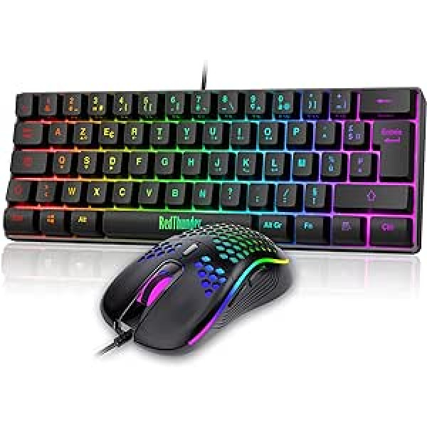 RedThunder 60% Keyboard and Mouse Set 2 in 1 French AZERTY Mini Keyboard Ultra Compact Backlit RGB 62 Keys 6 Keys 7200 DPI for PC Mac PS5 Xbox Gamer