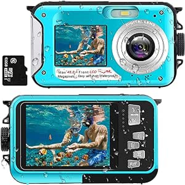 Underwater Camera Full HD 2.7K 48MP 10FT Camera Waterproof Dual Screen 16X Digital Zoom Snorkelling Waterproof Digital Camera for Self-Timer Underwater, Swimming, Holiday