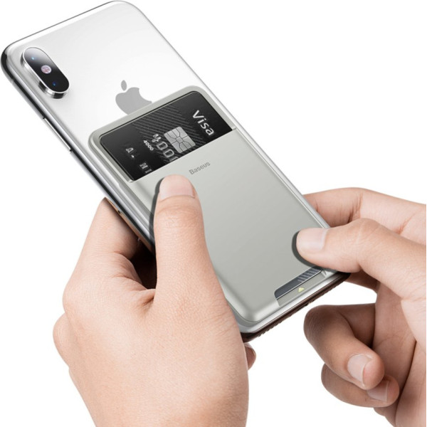 Pašlīmējošs telefona maciņš kredītkartei, dokumentiem, pelēks