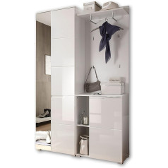 Stella Trading SPICE Hallway Wardrobe Set in High Gloss White - Stylish Compact Coat Rack with Mirror for Your Entrance Area - 120 x 198 x 40 cm (W x H x D)