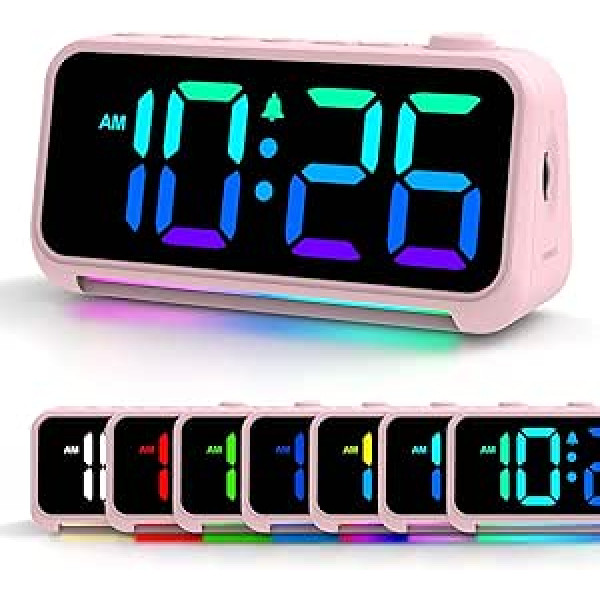 Alarm Clock Children Boys Girls Alarm Clock Digital with 7 Colours Night Light 6 Inch Dynamic RGB Digital Alarm Clock with Light/LED Display with Multiple Fonts / Dimmable / 5 Volumes / USB Charging