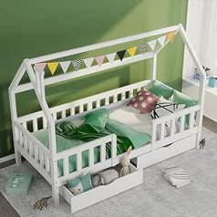 Children's Storage Bed House Bed White Pine Children's Bed with 2 Drawers and Slatted Frame Bedroom Bed Frame 90 x 200 cm